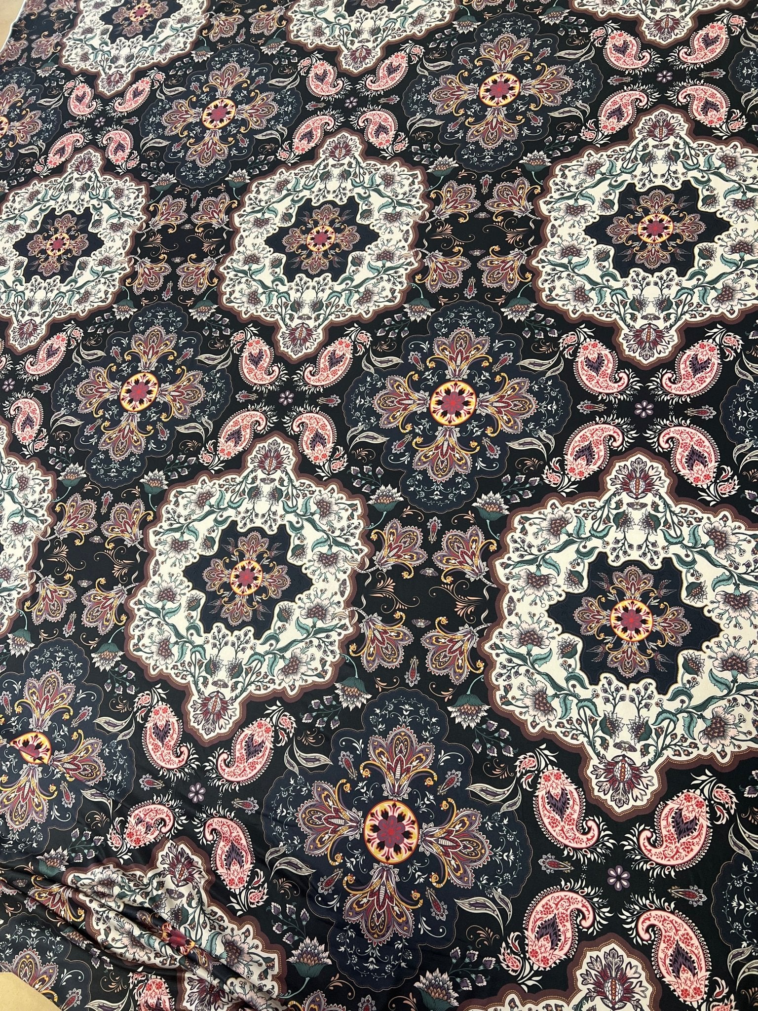 Black Paisley Floral Super Soft Print Spun Poly Stretch Fabric - T9 Fabrics